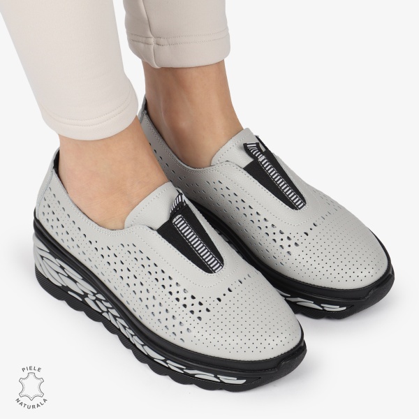 Pantofi Casual dama PERFORATI din Piele naturala CU DESIGN PE TALPA SLIP-ON CRL1338 GRI - Img 3