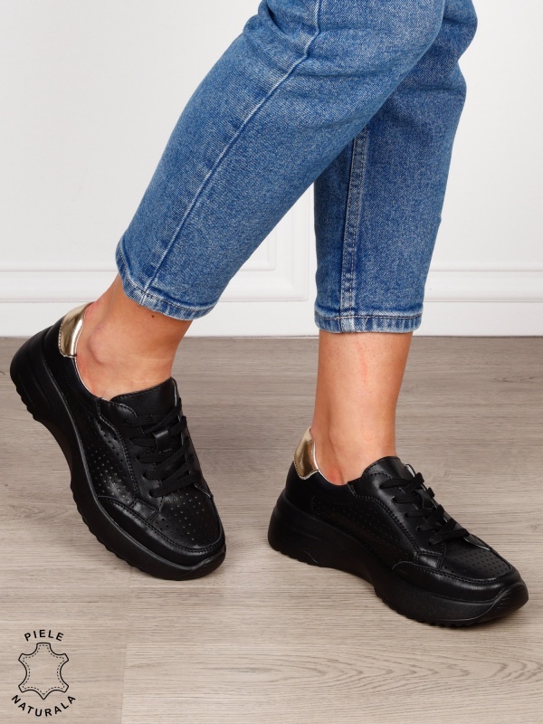 PANTOFI CASUAL Dama Piele Naturala cu mici perforati confortabile CRL1596 NEGRU - Img 3