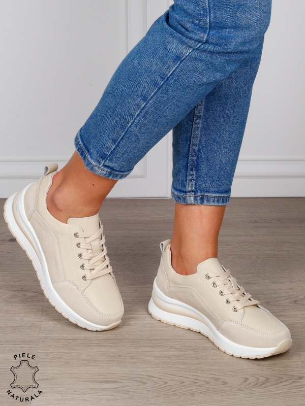PANTOFI CASUAL Dama Piele Naturala cu siret CRL1593 BEJ - Img 3