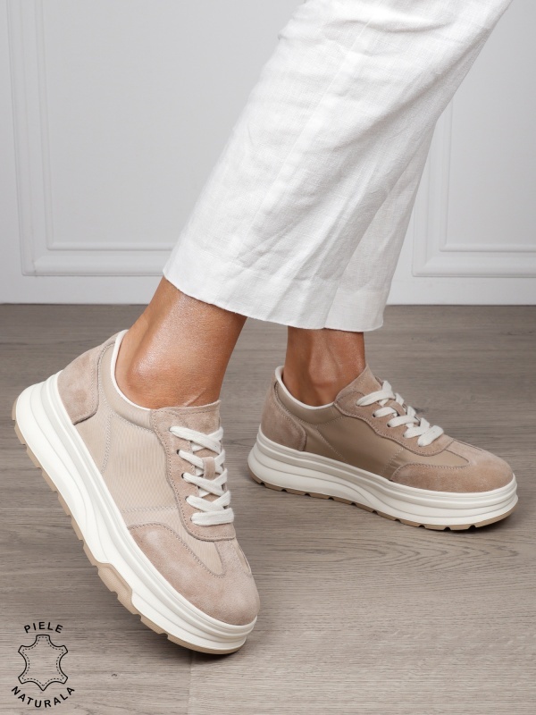 Pantofi Casual damă piele naturala intoarsa cu textil CRL1578 BEJ - Img 2