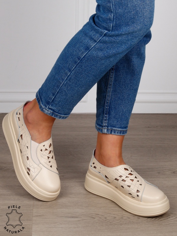 PANTOFI CASUAL Dama Piele Naturala Perforat Slip-on CRL1594 BEJ - Img 3