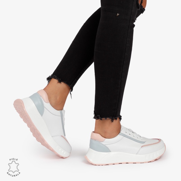 Pantofi Casual de dama din Piele Naturala COMODE MULTICOLOR CRL1215 ALB CU ALBASTRU - Img 4