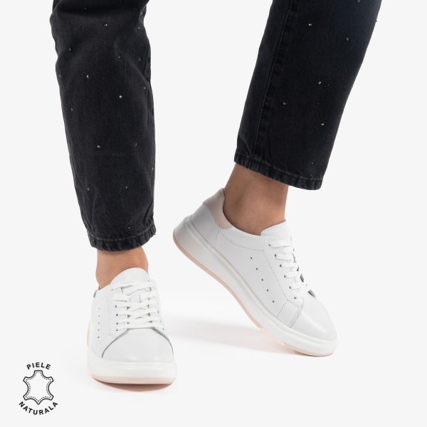 PANTOFI CASUAL DE DAMA DIN PIELE NATURALA CRL0770 ALB CU ROZ - Img 3