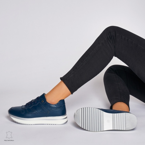 Pantofi casual de dama din piele naturala cu talpa groasa CRL0001 Bleumarin - Img 3