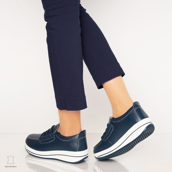 Pantofi casual de dama din piele naturala cu talpa groasa CRL0005 Bleumarin - Img 2