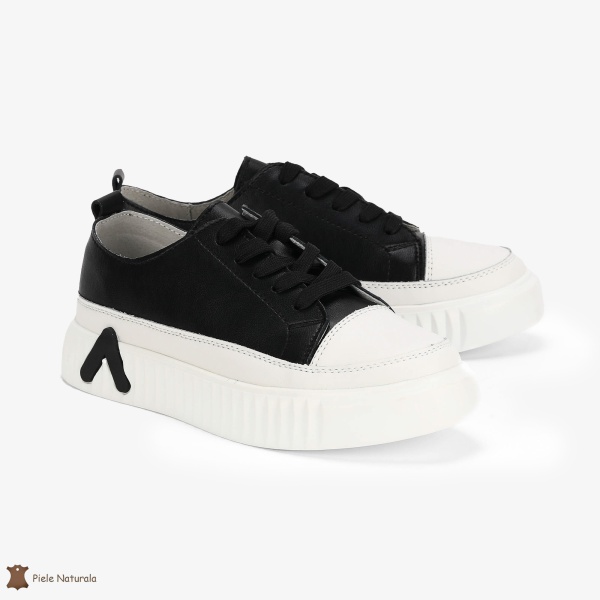 Pantofi Casual de dama din Piele naturala cu talpa groasa CRL0489 NEGRU CU ALB - Img 3
