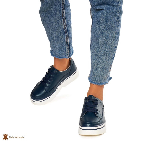Pantofi Casual de dama din Piele naturala cu talpa groasa CRL1319NAVY - Img 2