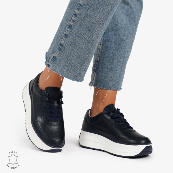 Pantofi Casual de dama din Piele Naturala cu talpa Inalta CRL1201 BLEUMARIN - Img 2