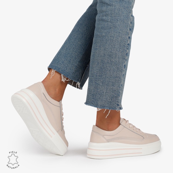 Pantofi Casual de dama din Piele Naturala cu talpa inalta si Dungi CRL1203 Roz - Img 3