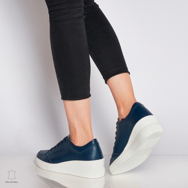 Pantofi casual de dama din piele naturala cu talpa plata CRL0034 Bleumarin - Img 4