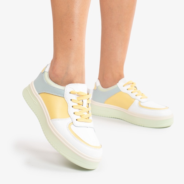 Pantofi Casual de dama din Piele naturala Multicolor cu design special CRL0519 ALB CU GALBEN - Img 4