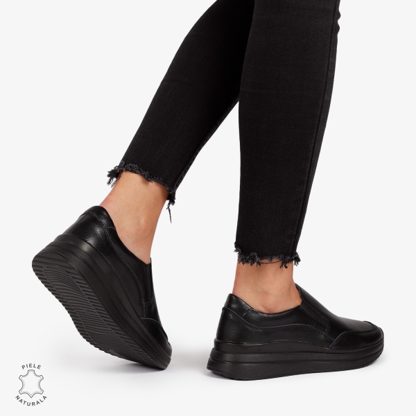 Pantofi Casual de dama din Piele Naturala Slip-On CRL1204 NEGRU - Img 3