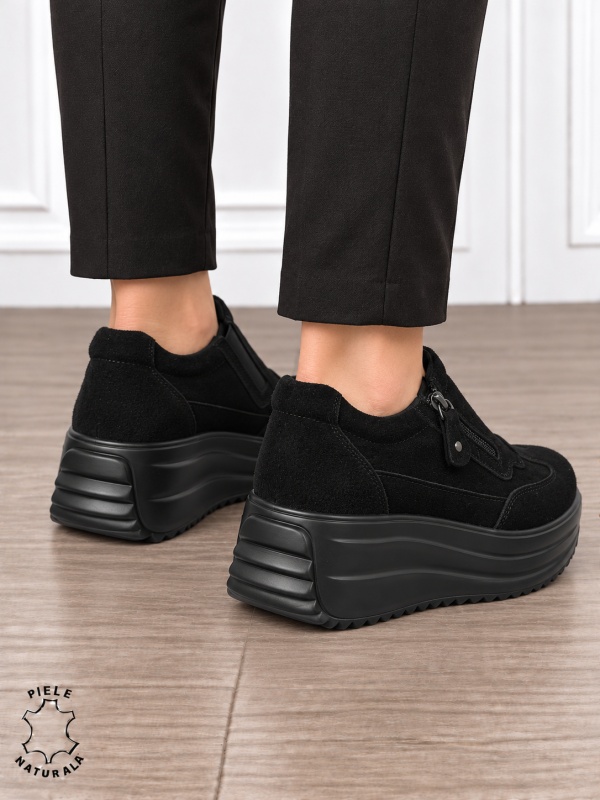 Pantofi casual din piele naturală întoarsă cu inchidere fermoar CRL1919 Negru - Img 2