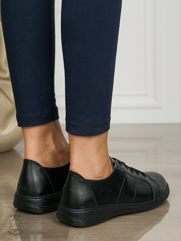 Pantofi casual Negri de dama din piele naturala cu talpa plata CRL0013 - Img 3