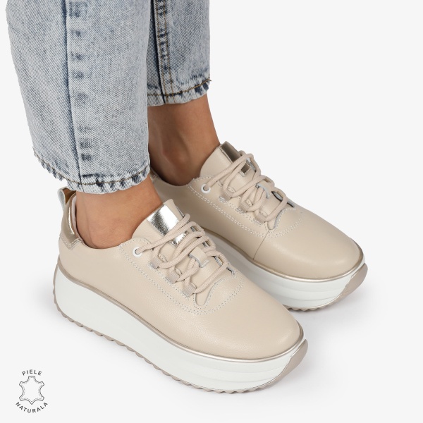Pantofi CASUAL PIELE NATURALA cu TALPA INALTA CRL1291 BEJ - Img 3
