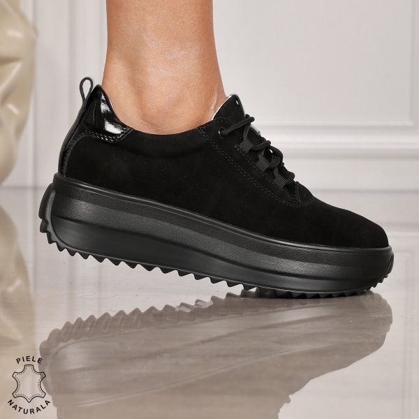 Pantofi CASUAL PIELE NATURALA cu TALPA INALTA CRL1291 NEGRU SUEDE - Img 2