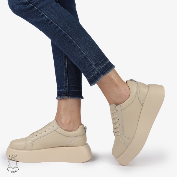 Pantofi casual piele naturala cu talpa inalta CRL881 BEJ - Img 2