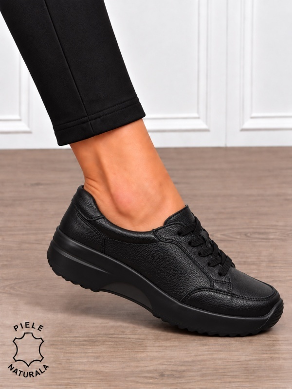 Pantofi damă din piele naturală cu șiret CRL1860 NEGRU - Img 2