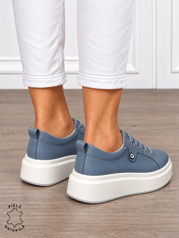 Pantofi damă din piele naturală cu șiret si talpa groasa CRL1858 ALBASTRU - Img 3