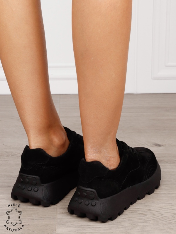 Pantofi damă din piele naturală intoarsa cu șiret model versatil CRL1852 NEGRU - Img 3