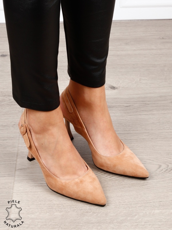 Pantofi dama eleganti cu toc subtire si varf ascutit din piele naturala intoarsa CRL1610 BEJ - Img 4