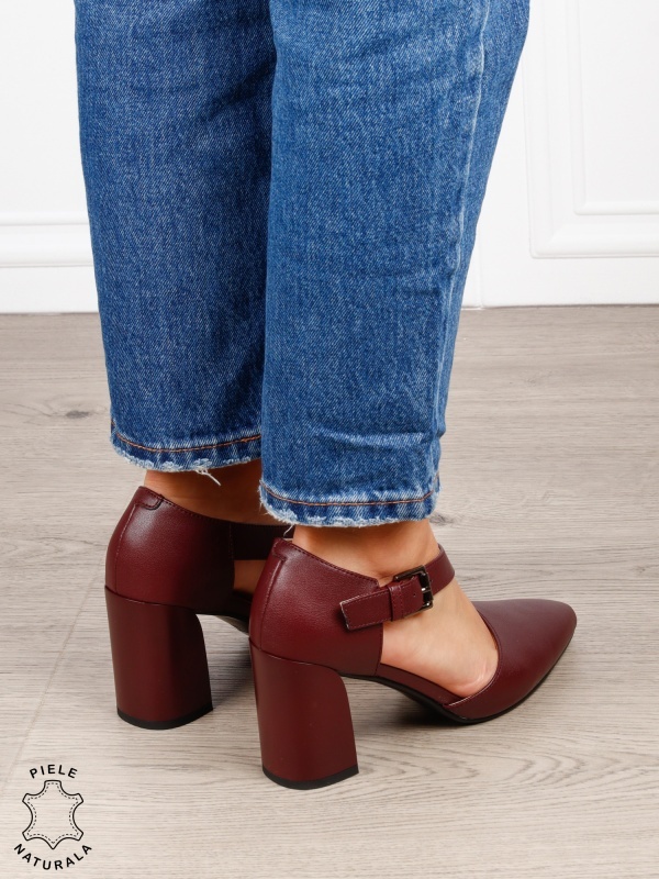 Pantofi dama eleganti din piele naturala cu bareta si toc gros CRL1634 Bordo - Img 4