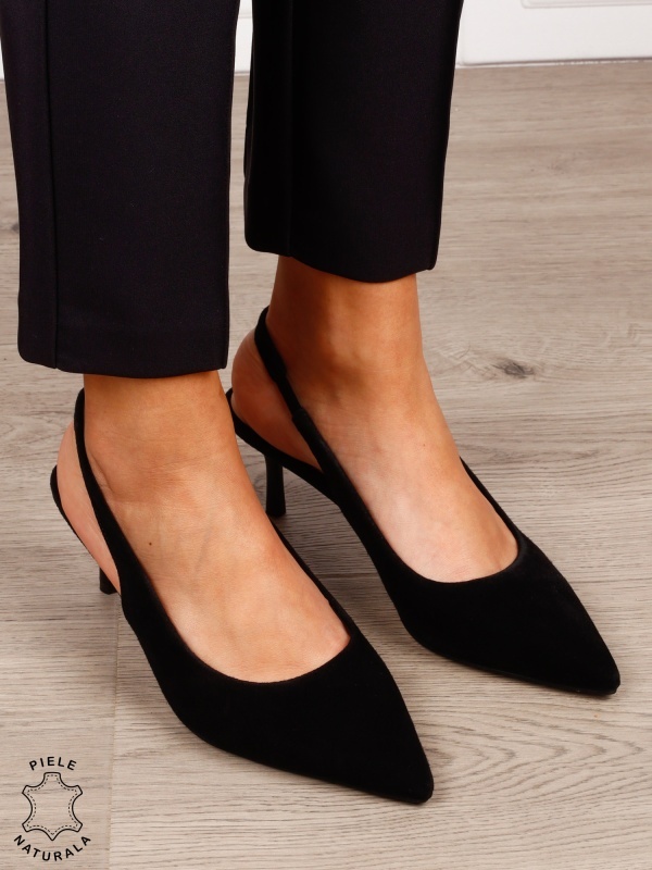 Pantofi dama eleganti din piele naturala Intoarsa cu toc subtire si varf ascutit CRL1616 NEGRU - Img 3