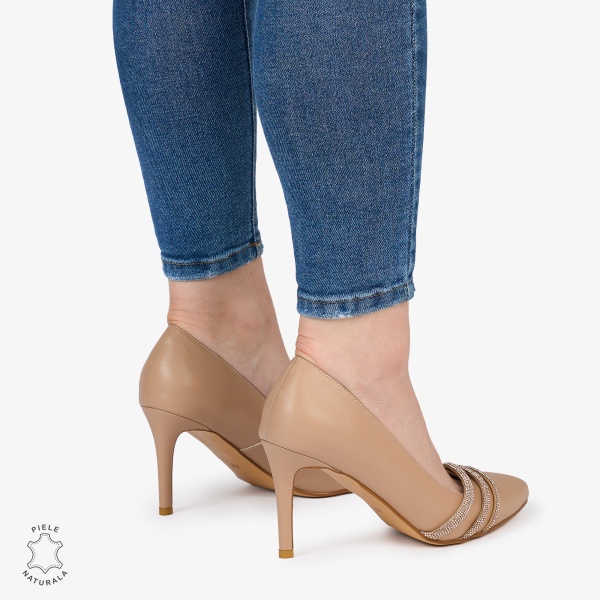 Pantofi Eleganți dama din Piele Naturala cu strasuri si toc subtire CRL0983 BEJ - Img 3