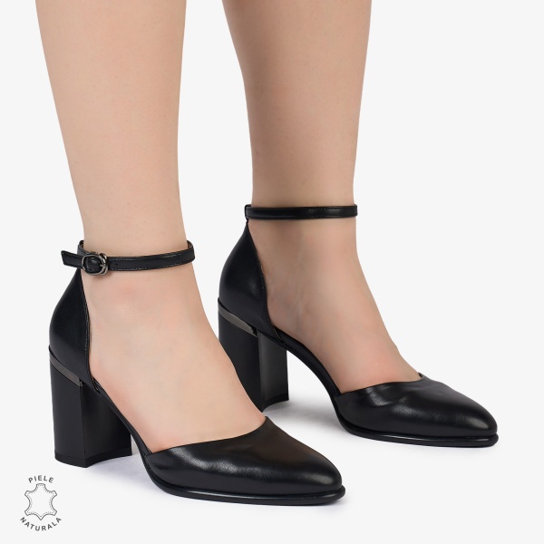 PANTOFI ELEGANTI dama din Piele Naturala CU TOC GROS CRL0997 NEGRU - Img 2