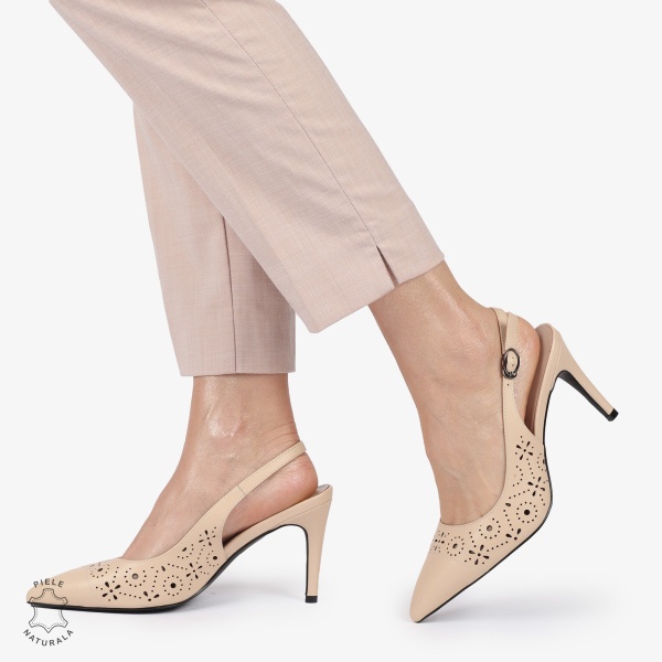 PANTOFI ELEGANTI dama din Piele Naturala CU TOC SUBTIRE SI INALT CRL1399BEJ - Img 2