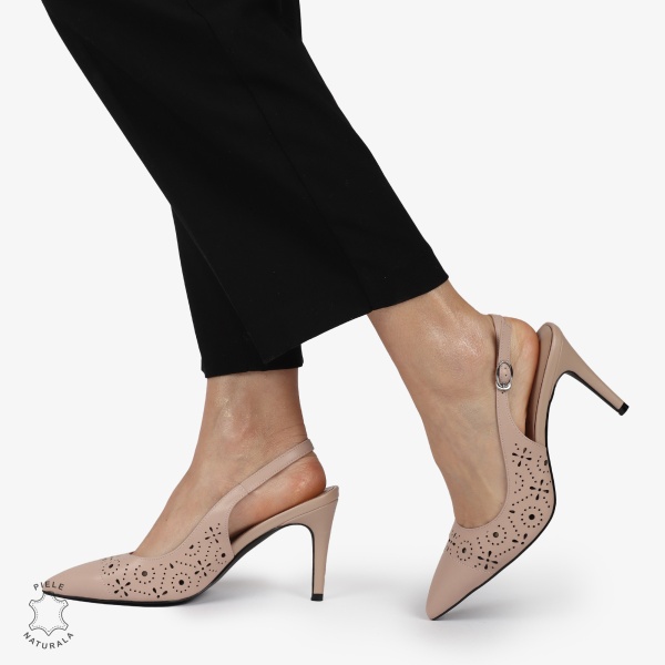 PANTOFI ELEGANTI dama din Piele Naturala CU TOC SUBTIRE SI INALT CRL1399 ROZ - Img 2