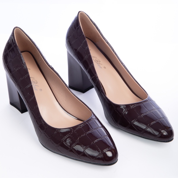 Pantofi Eleganti din Piele Ecologica cu model si toc Gros CRL0725 Bordo - Img 3