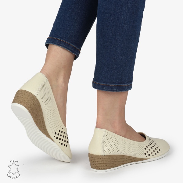 Pantofi Perforati Dama Piele Naturala Slip-on CRL0077 BEIGE - Img 3