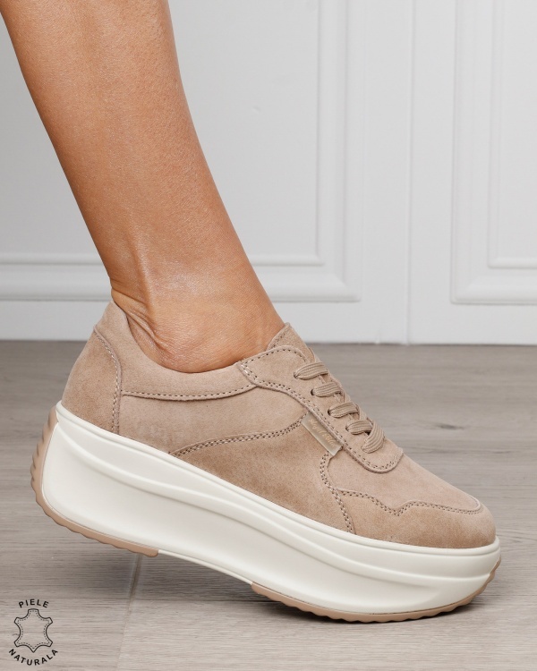 Pantofi sport damă din piele naturală întoarsă cu talpă înaltă CRL1862 KHAKI - Img 2