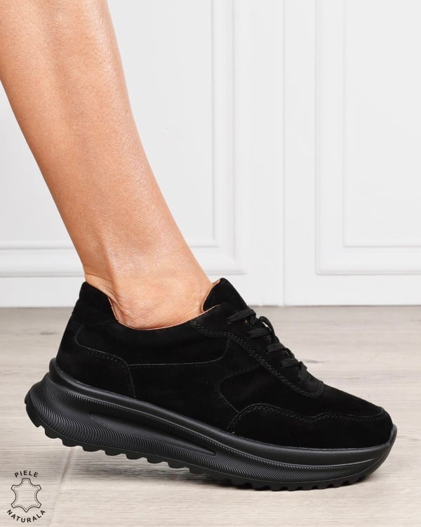 Pantofi sport damă din piele naturală Intoarsa cu talpă înaltă CRL1864 NEGRU - Img 2