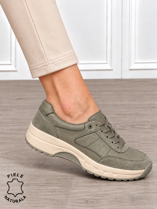 Pantofi sport damă din piele naturală și piele întoarsă cu design modern CRL1896 OLIVE - Img 2