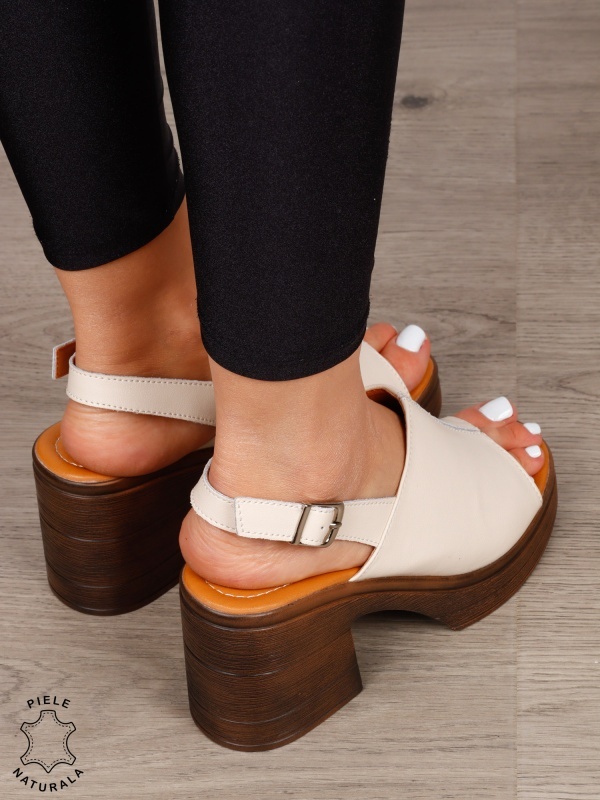 Sandale DAMA DIN PIELE NATURALA CU TOC GROS CRL1409 Bej - Img 3