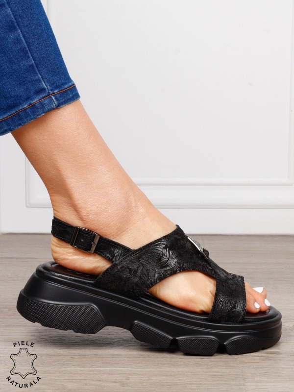 Sandale damă din piele naturală model premium cu detaliu decorativ frontal CRL1651 NEGRU - Img 2