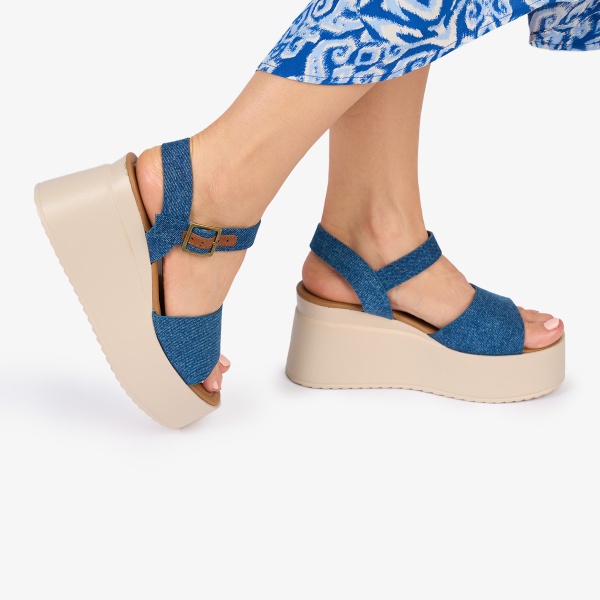 SANDALE Dama DIN TEXTIL TIP JEANS CU PLATFORMA CRL1020 Culoare: ALBASTRU - Img 3