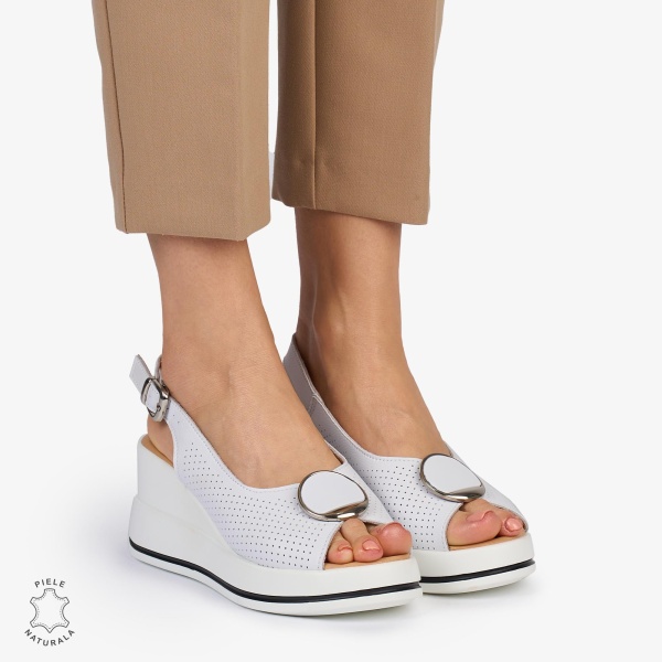 SANDALE Dama Piele Naturala CU TALPA INALTA SI ACCESORIU METALIC CRL1047 Culoare: ALB - Img 2