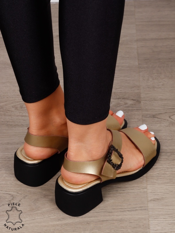 SANDALE Dama Piele Naturala cu toc patrat gros CRL1601 AURIU - Img 3