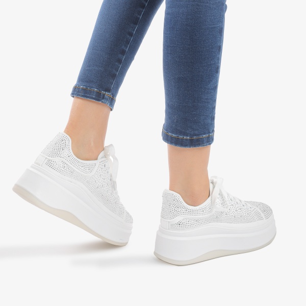 SNEAKERS DAMA din PIELE ECOLOGICA Intoarsa CU STRAS CRL0863 ALB - Img 3