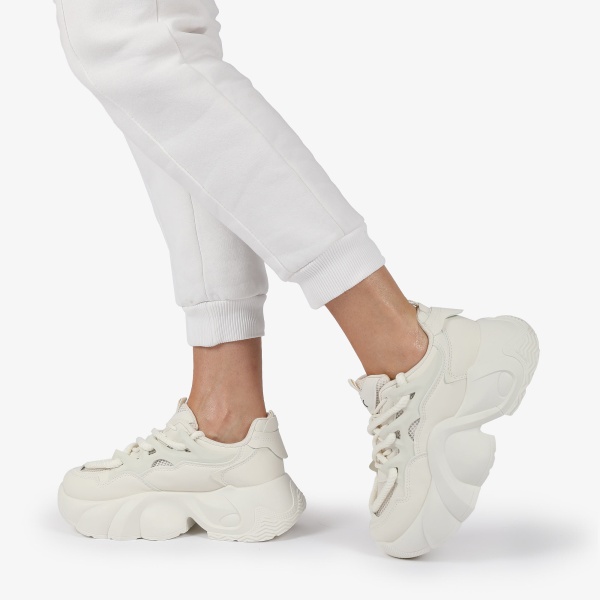 SNEAKERS din PIELE ECOLOGICA SI TEXTIL CU SIRETURI DUBLE SI TALPA INALTA CRL1287 ALB - Img 2