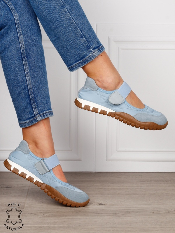 Balerini damă din piele naturală întoarsă și material textil, cu branț din piele naturală CRL1562 ALBASTRU - Img 2