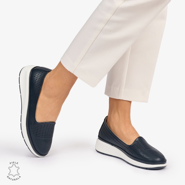 Balerini dama din Piele Naturala Perforata CRL1075 CULOARE: Bleumarin - Img 3