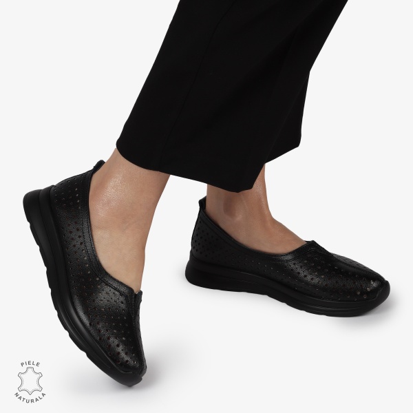 Balerini dama din Piele Naturala PERFORATA CU FUNDITA CRL1417 NEGRU - Img 3
