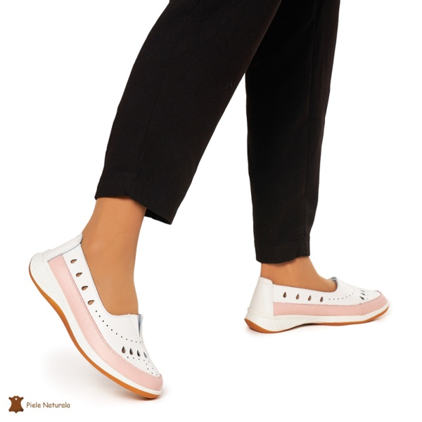 Balerini Dama Piele Naturala Slip-on CRL0074 Alb cu Roz - Img 2