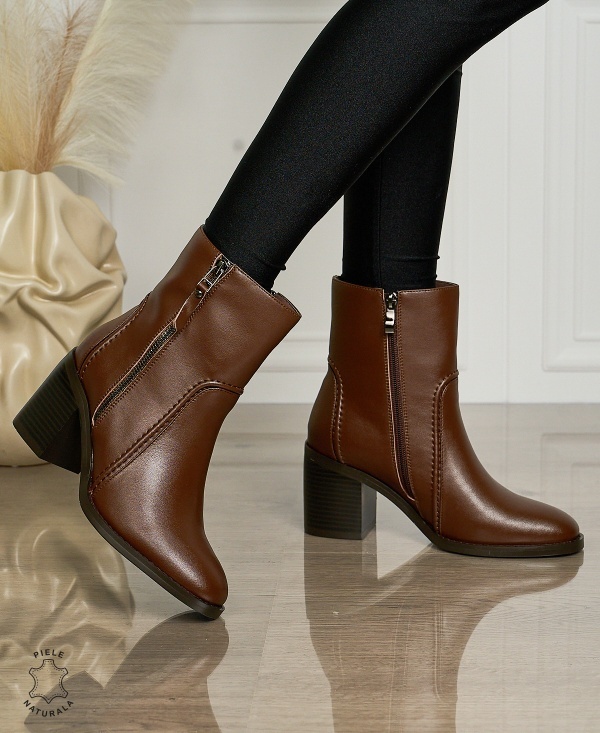 Botine DAMA din PIELE NATURALA CU TOC GROS CRL1493 cafeniu - Img 2