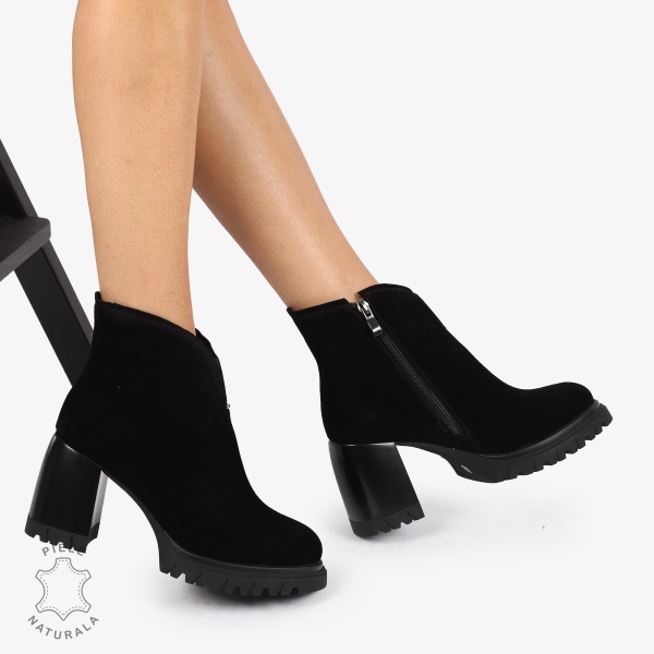 Botine piele naturala intoarsa cu toc Gros si Talpa Aderenta CRL1236 NEGRU - Img 3