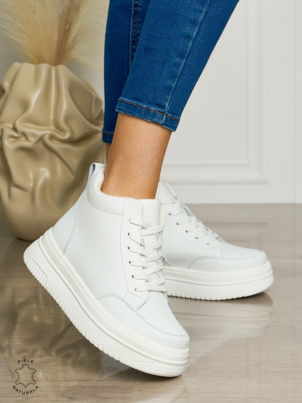 Ghete casual din piele naturală cu talpa solida CRL1510 ALB - Img 2